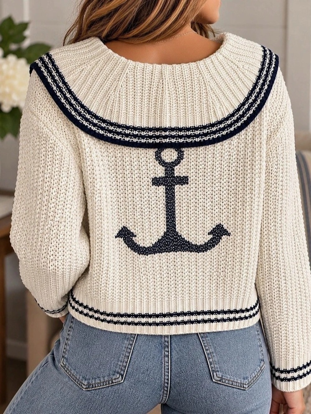 Medium | Marled | Cream & Navy Sailor Collar Anchor Sweater NWT